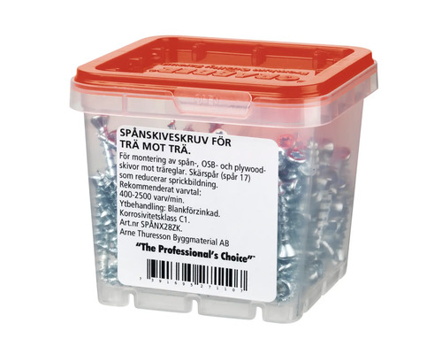 Spånskivskruvar i transparent låda med rött lock