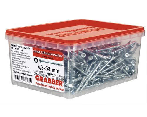 Spånskivskruvar 4,3x58 millimeter i transparent plastlåda med rött lock