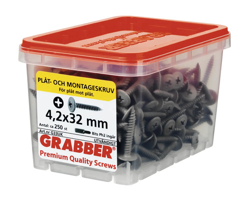 Grabber plåt- och monteringsskruvar 4,2x32 mm i transparent plastlåda med rött lock