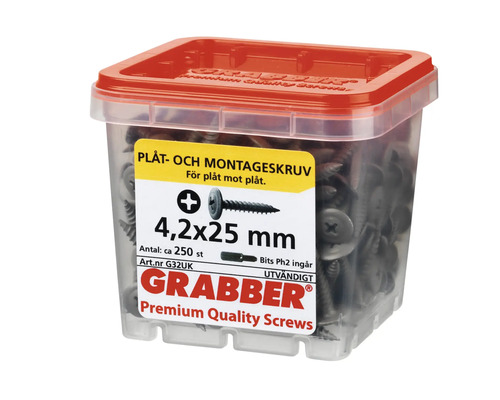 Grabber plåt- och montageskruv 4,2x25 mm i transparent låda med rött lock