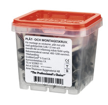 Plåt och monteringsskruvar i transparent låda med rött lock
