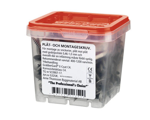 Plåt och monteringsskruvar i transparent låda med rött lock