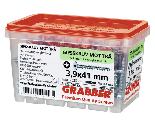 Grabber gipsskruv för träunderlag, 3,9 x 41 millimeter, cirka 250 stycken i plastlåda
