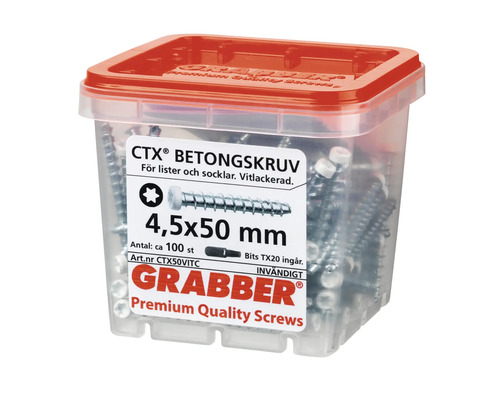 Betongskruvar 4,5x50 mm i transparent behållare med rött lock