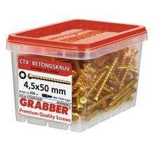 Grabber betongskruvar, 4,5x50 mm, cirka 200 stycken i en transparent plastlåda med rött lock