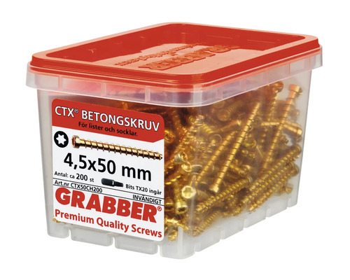 Grabber betongskruvar, 4,5x50 mm, cirka 200 stycken i en transparent plastlåda med rött lock
