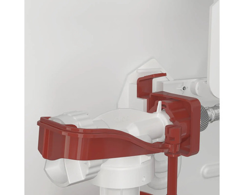 Detaljerad bild av en toalettspolning med rött fäste