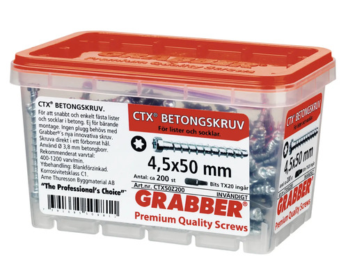 Grabber betongskruvar, 4,5x50 millimeter, cirka 200 stycken i behållaren