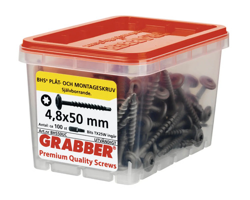 Grabber skruvar 4,8x50 mm i transparent låda med rött lock
