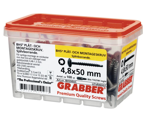 Grabber skruvar 4,8x50 mm i transparent plastlåda med rött lock