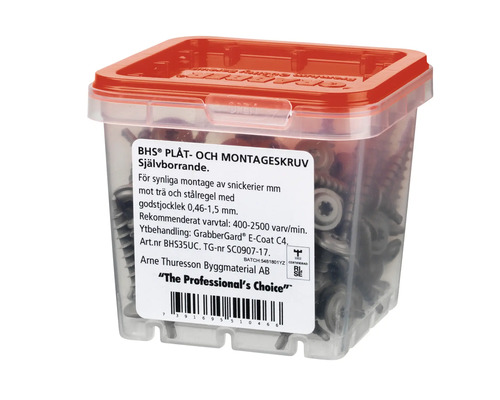 BHS plåt- och montageskruv, självborrande, i en genomskinlig låda med rött lock