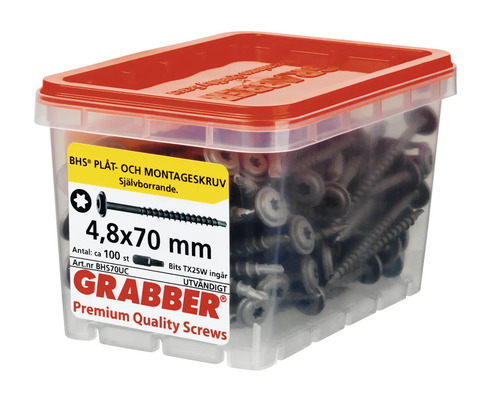 Skruvar i transparent plastlåda med rött lock