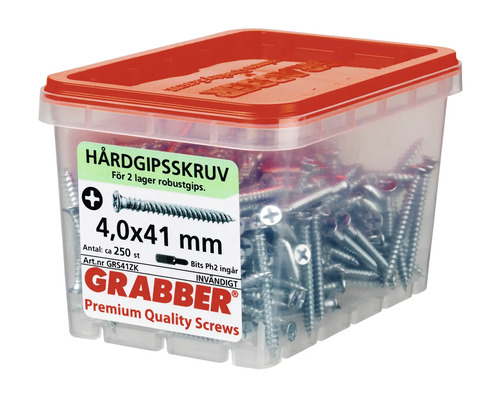 Härdgipsskruv skruvar 4,0x41 mm i transparent plastlåda med rött lock