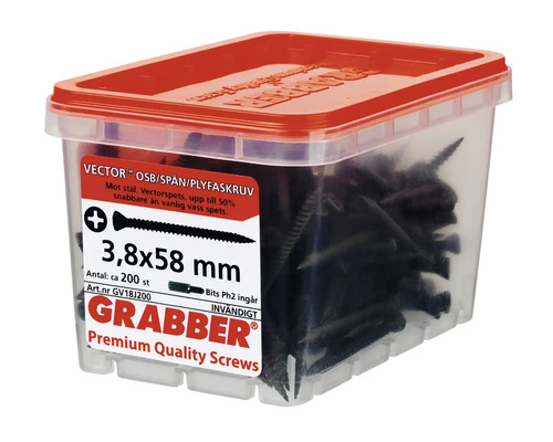 Grabber skruvar 3,8x58 millimeter i transparent låda med rött lock