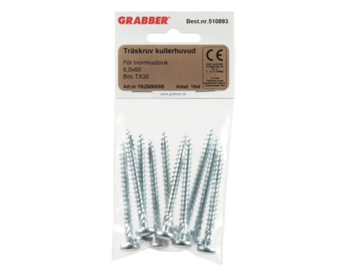 Träskruvar med kullerhuvud, 6,0x60 millimeter, 10 stycken i en förpackning.