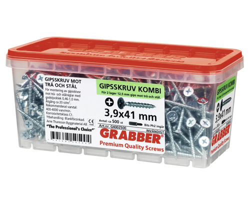 Skruvar i genomskinlig behållare med rött lock, storlek 3,9x41 millimeter