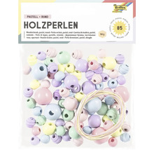 Förpackning med runda träpärlor i pastellfärger