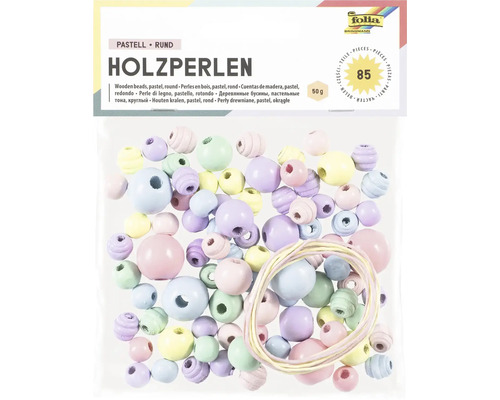 Förpackning med runda träpärlor i pastellfärger