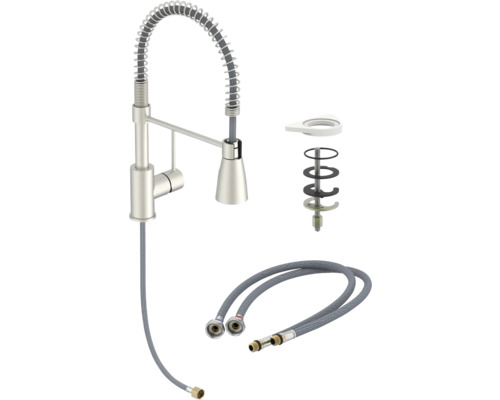 Köksblandare med spiralfjäder, duschslang och monteringsmaterial