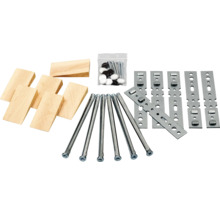 Monteringsmaterialsats med pluggar, skruvar, täcklock, träkilar och metallvinklar
