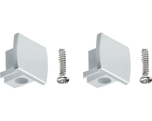 Två gardinstångshållare i metall med skruvar