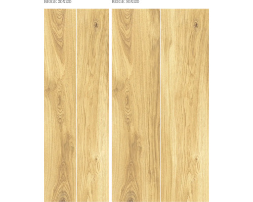 Beige keramiska plattor i trädesign, 20x120 och 30x120 centimeter