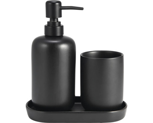 Svart badrumsset med tvålpump, mugg och bricka