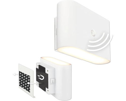 Vit LED-vägglampa med rörelsesensor och magnetisk hållare.