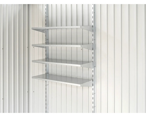 Hyllset BIOHORT till alla redskapsbodar 4 hyllplan 8 konsoler 74x21cm silver Hyllsystem med fyra hyllor för väggmontering