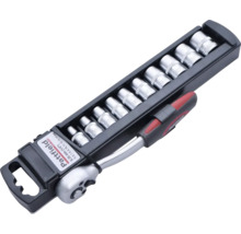 Hylsnyckelsats med spärrskaft och diverse tillbehör i ett svart fäste