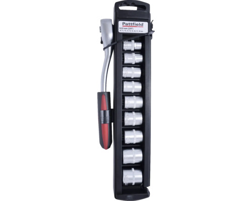 Pattfield hylsnyckelsats 9,53 mm med spärrhandtag och hylsnycklar i olika storlekar.