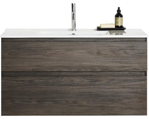Tvättställsunderskåp inkl tvättställ HAFA Style 1000 brun ek 101x55 cm Tvättställsskåp med två lådor och tvättställ ovanpå