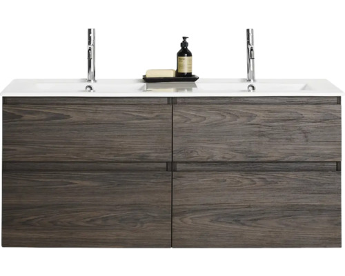 Tvättställsunderskåp inkl tvättställ HAFA Style 1200D brun ek 121x55 cm Tvättställsskåp med två handfat, kranar, tvål och tvålpump