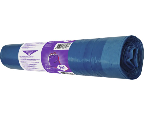 Rulle blå sopsäckar med dragsko, 60 liters kapacitet