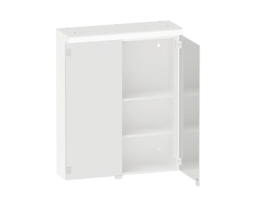 Vitt spegelskåp med öppna hyllor och en dörr