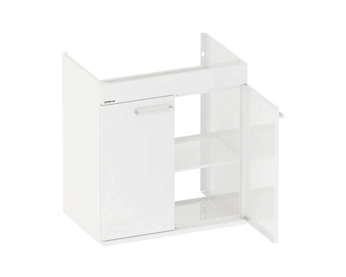 Vitt underskåp för handfat med en dörr och öppna hyllor