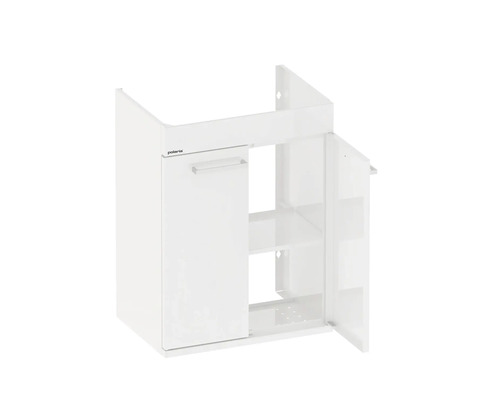 Vitt tvättställsskåp med en dörr och hyllor