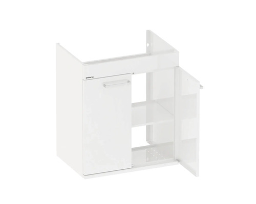 Vitt tvättställsskåp med öppen dörr och hyllor