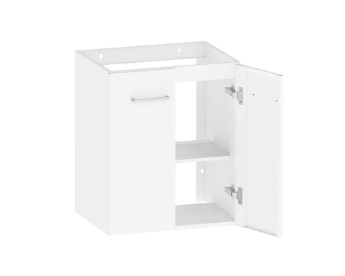 Vitt tvättställsskåp med öppen dörr och två hyllor