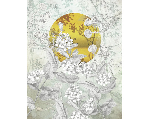 Illustration av blad och blommor framför en cirkel