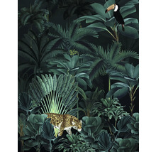 Tapet med djungelmotiv, inklusive leopard och tukan