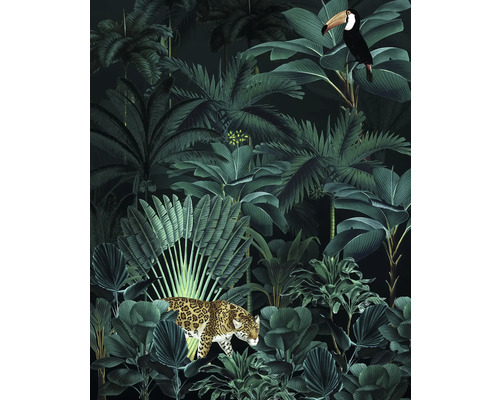 Tapet med djungelmotiv, inklusive leopard och tukan
