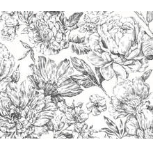 Svartvitt blommönster med blommor och blad