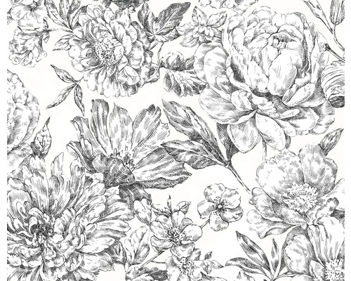 Svartvitt blommönster med blommor och blad