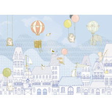 Väggbild med hus, djur och luftballonger