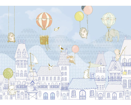 Väggbild med hus, djur och luftballonger