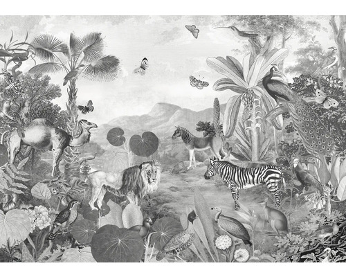 Illustration av ett landskap med olika djur