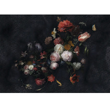 Stilleben med blomsterbukett och fjärilar på mörk bakgrund