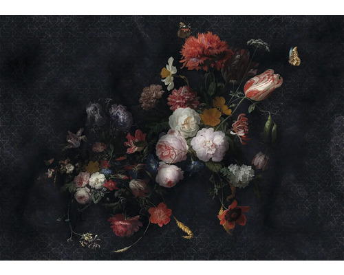 Stilleben med blomsterbukett och fjärilar på mörk bakgrund