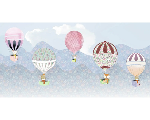 Illustration av djur i luftballonger framför ett kuperat landskap